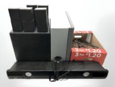 A Sony speaker system SS-WS9, a DGM sound bar for iPhone plus iPod, several other speakers,