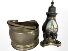 A Victorian brass coal bucket and a Dutch toleware urn, with tap on burner stand.