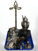 A brass stick stand, silver plated coffee pot, assorted EPNS cutlery, pair of EPNS candlesticks,