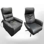 Two black vinyl electric reclining armchairs.