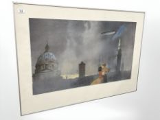 A Danish lithographic print depicting a city landscape, signed in pencil, 100 cm x 70 cm.