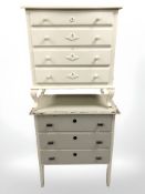 An early 20th century painted pine four drawer chest, width 68 cm, and a further three drawer chest.