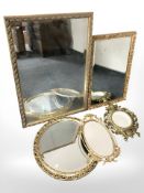 Five various gilt framed mirrors, largest 70 cm x 48 cm.