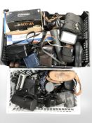 A group of vintage cameras and binoculars, Samsung video camera, satnav, Vanguard camera tripod,