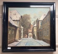 Krogh Petersen : A figure by an archway, oil on canvas, 54 cm x 50 cm.