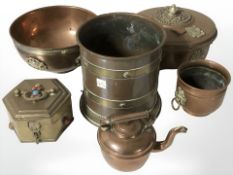 An eastern copper tripod bowl, similar items, miniature kettle, etc.