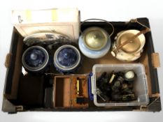 Two ceramic biscuit barrels, a pair of continental blue and white pottery lidded jars,