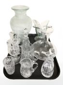 A group of crystal, two green glass vases, etc.