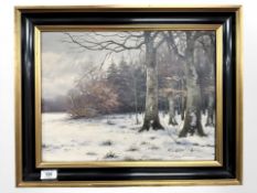 Danish School : Woodland in snow, oil on canvas, 42 cm x 31 cm.