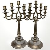 A pair of cast brass five sconce table candelabra, height 46 cm.