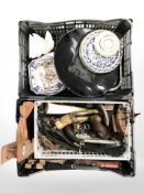 A group of porcelain plates, wooden model boats and aircraft, replica flintlock pistol, figures,