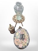 A decorative gilded lamp base, painted decoupage tin hat box,