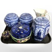 A pair of Ringtons blue and white porcelain hexagonal tea caddies, a further caddy, a lustre jug,
