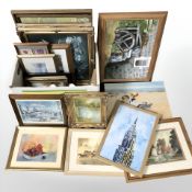 Assorted pictures and prints, oil on canvas, landscapes, etc.