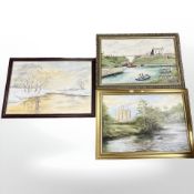 Edward Siddle : A figure rowing on a calm river, oil on canvas, 50 cm x 75 cm,