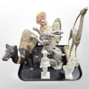 A group of animal ornaments, two Parian figures of Nike and Artemis, etc.