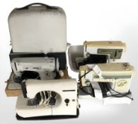 A Merritt electric sewing machine, two Singer sewing machines and one other, with leads, pedals,