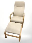 A contemporary Danish bentwood armchair and matching footstool in oat meal coloured fabric,