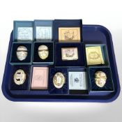 Six boxed Halcyon Days enamel pillboxes.