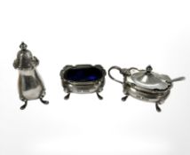 A silver three piece condiment set, Birmingham 1956. CONDITION REPORT: 120.2g.