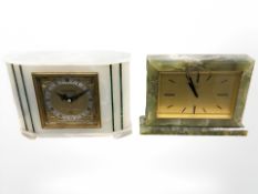 An Elliott white onyx and malachite mantle clock, width 21 cm,