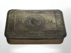 A Princess Mary brass christmas tin 1914, containing a group of military decorations, buttons, etc.