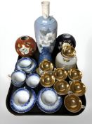 A Royal Copenhagen porcelain lamp base, pair of GDR porcelain vases, gilt tea cups and saucers,