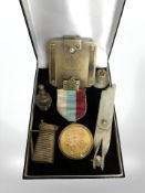 A brass cased Kelvin & Hughes compass, trench art match striker in the form of a lidded jug,