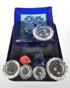 A group of Scandinavian glass tealight holders, candlestands, pair of blue glass fruit bowls,