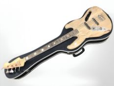 A Diamond Special left-handed bass guitar with 'driftwood' body, in hard carry case.