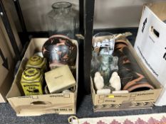 A group of glass bottles, hexagonal jar, two Ringtons tins, terracotta cylindrical vase and planter,