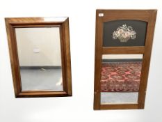 Two 19th century continental mirrors, one with floral embroidery, largest 66 cm x 90 cm.