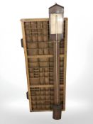 A printer's type tray, width 83 cm, and a stick barometer.