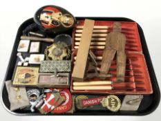 Various items including boxed butter knives, treen, various embroided badges, Chinese desk seals,