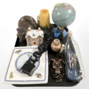 A tray of mixed collectables including ship in bottle, globe,