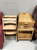 A Scandinavian trolley, group of pine and ply trays, chair,