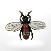 An enamelled bee brooch with green eyes, width 4.