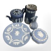 Five pieces of Wedgwood blue and white jasperware including pewter mounted jug, teapot, trinket box,