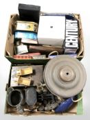 A group of metalwares including copper samovar, scales, blow lamp, etc, together with assorted tins,