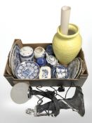 A contemporary Art Deco style table lamp and a quantity of Ringtons blue and white calendar plates,