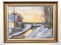 Danish School : Bridge over a stream by a cottage, oil on canvas, 49 cm x 36 cm.