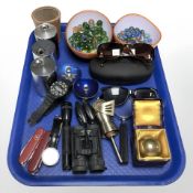Assorted modern glass marbles, sunglasses, Swiss army knives, pair of binoculars,