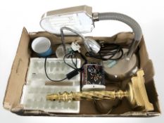 A glass chess set, a brass lamp base, a further angle poised lamp, etc.