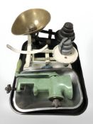 Two sets of F. J. Thornton scales, with graduated weights and a Harper enameled mincer.