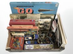 A group of toys and board games, die cast cars, Royal state coach die cast model in box,