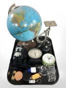 A Danish desk globe, together with a German alarm clock, thermometer, pair of Nikon binoculars,