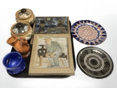 A group of Scandinavian studio pottery plaques, plates, pair of lidded jars, etc.