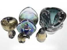 A Michael Harris inspired azurene Isle of Man apple paperweight, two Italian aquarium paperweights,