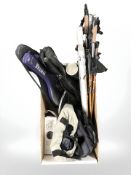 A group of mountaineering / walking sticks, rucksacks, tennis rackets, gym ball, etc.