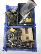 A quantity of drill bits, trolley casters, spanners, etc.